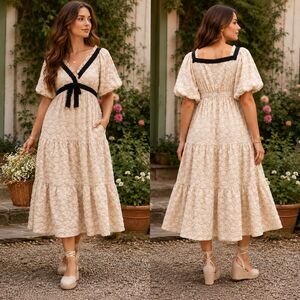 Peach Love California Floral Midi Dress L Jacquard Puff Sleeve Pockets Cottage